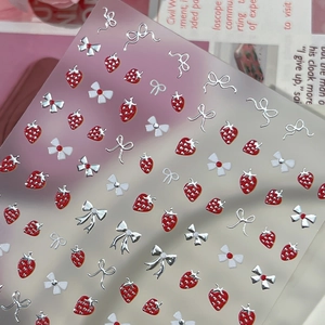 Sweet strawberry and silver bow nail art stickers with white polka dots on matte film