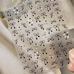 Sweet black ribbon bow and polka dot nail art stickers with elegant retro relief designs