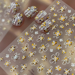 Autocollants pour Ongles Fleurs Relief 3D Marquage à l'Or Décalcomanies Florales Blanches Décoration DIY Élégante pour Femmes