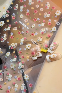 Détail des stickers ongles vintage YT7767 avec fleurs de jardin pastel et texte