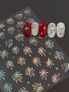 Detail of 3D laser fireworks and stars nail stickers with red and white 3D relief effects