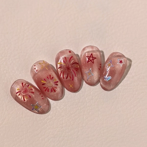 Pink cat eye false nails with fireworks and stars pattern in Y2K style 5pcs set