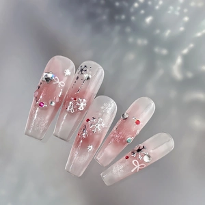 Pink gradient coffin press-on nails with silver snowflakes, 3D bows and rhinestones