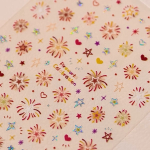 Holographic fireworks and stars nail art stickers with colorful laser heart patterns