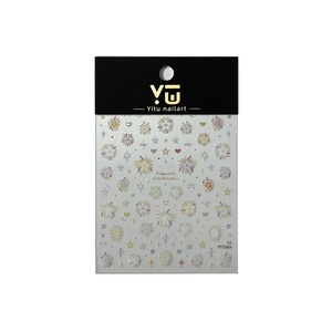 Nail art stickers featuring colorful fireworks, stars and hearts with model YT7265