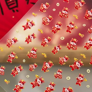 Autocollants d'ongles dragon rouge avec pièces d'or pour le Nouvel An Chinois