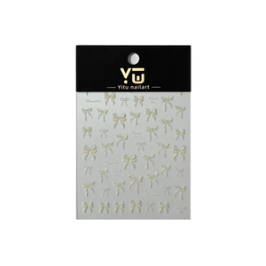 Elegant pearlescent white bow nail art stickers with butterfly designs on black packaging