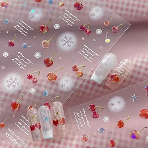 3D Winter Cherry Snowflake Nail Stickers Embossed Red Cherry White Snowflake Nail Art Decals Women DIY Manicure Accessory