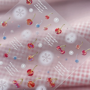 3D cherry and snowflake nail art stickers with glossy relief effect on transparent film