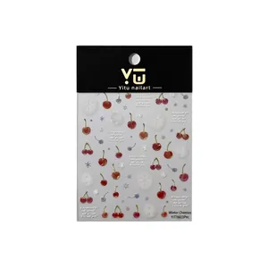 3D nail stickers featuring winter cherry designs and white snowflakes on clear backing