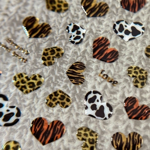 3D heart nail stickers with leopard, cow and tiger animal prints and love text