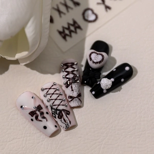 Sweet ballet bow press-on nails set with gothic style ribbons and pink 3D heart charms