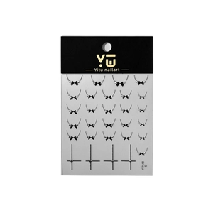 3D embossed nail art stickers featuring black bows and silver beads on a grey sheet