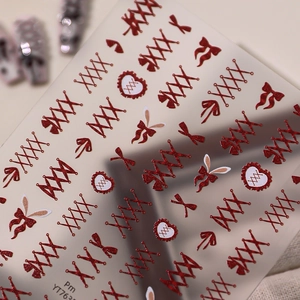 Glitter red bow and corset lace-up nail art stickers with heart patterns, model YT762
