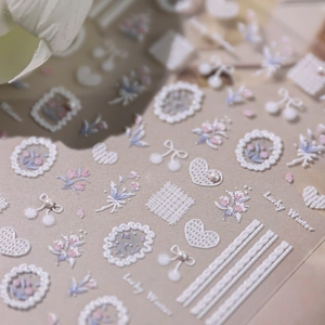 5D embossed nail art stickers featuring vintage lace, bows and hearts in soft pastel colors