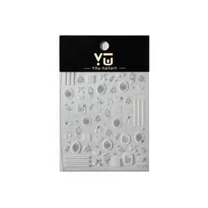 3D embossed nail stickers featuring vintage tulip patterns and ribbon designs on white