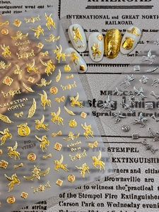 Macro detail of embossed celestial horse nail art stickers with metallic gold texture