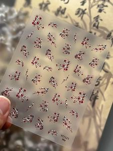 Macro detail of YT7321 gold foil winter plum blossom nail art stickers with vintage pattern