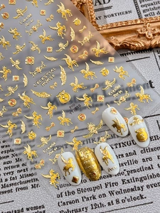 3D gold Pegasus nail stickers with embossed celestial and vintage European designs