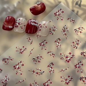 Chinese Style Embossed Plum Blossom Nail Stickers Bronzing Red Floral Nail Art Decals For Women DIY Manicure Decoration