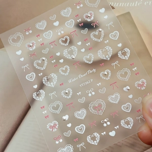 Winter Heart Party 5D Relief-Nagelaufkleber mit weißen Schleifen und rosa Herzen