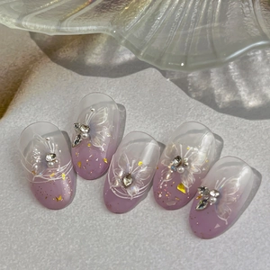 Elegant purple gradient butterfly nail stickers with pearls and sparkling rhinestones