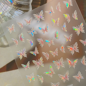 3D butterfly nail art stickers with iridescent pink laser holographic relief design
