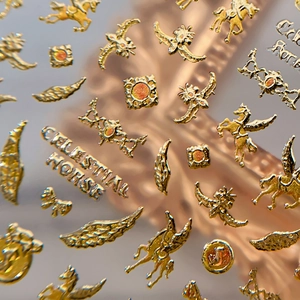 3D celestial horse nail stickers in gold relief with wings and metallic finish