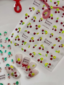 3D embossed nail stickers featuring Sweet Berry cherry designs with pearl luster finish