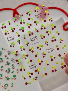 Detailed 3D holographic cherry nail art stickers with laser sweet berry patterns