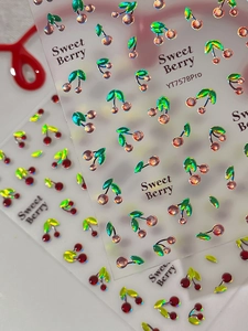 Detail of 3D holographic cherry nail art stickers with laser finish and Sweet Berry logo