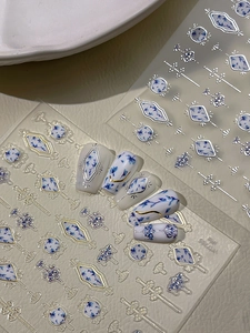 Detail of blue floral nail stickers with silver borders and Chinoiserie porcelain motifs