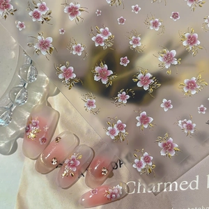 5D Embossed Cherry Blossom Nail Stickers Pink Sakura Flower Pattern Gold Bronzing Nail Decals For Women DIY Manicure Decorations