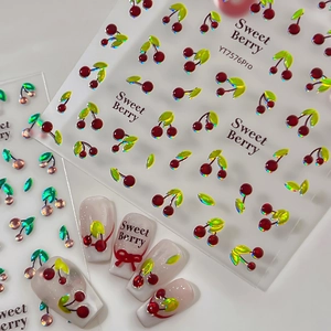 3D Sweet Cherry Nail Art Stickers Holographic Laser Red Fruit Self-Adhesive Nail Decals For Women DIY Manicure Decoration