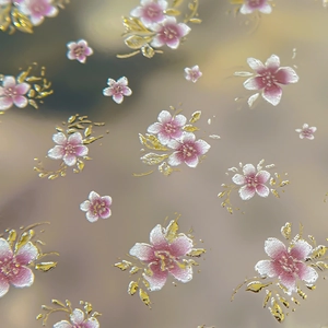 3D floral nail stickers featuring pink gradient five-petal flowers and gold accents