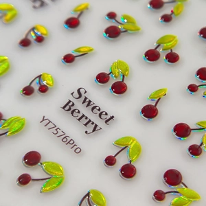 3D cherry nail stickers with sparkling red berries and yellow leaves for manicure art