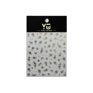 Blue and white porcelain style purple flower nail art stickers with gold leaf accents