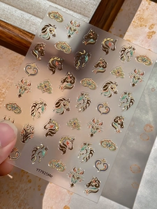 Detail of YT7925Me nail art sticker featuring golden horse heads and vintage floral patterns