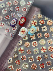 Detailansicht der 5D geprägten Nagelsticker mit Blumenmustern und Goldrand