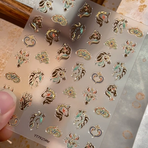 Bohemian style horse and unicorn nail art stickers with metallic gold outlines YT7925