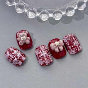 Winter wine red nail stickers featuring white snowflakes and pink 3D flocked teddy bear charms