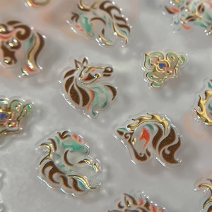 3D textured gold embossed horse head nail art stickers with clouds and floral patterns