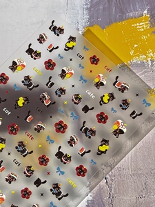 Détails d'autocollants 3D en relief pour ongles avec chats noirs mignons sur planche