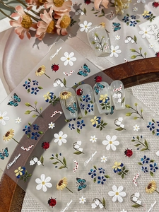 Detailed 5D relief nail stickers featuring sunflowers, daisies, and delicate insects