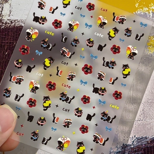 Autocollants nail art chat mignon en relief avec nœuds rouges et motifs d'étoiles