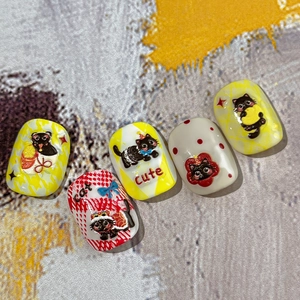 Faux ongles 3D chat noir mignon avec motifs à carreaux et pois élégants