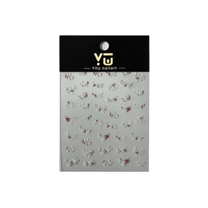 3D floral nail art stickers with embossed white flowers and yellow green accents