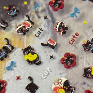 Stickers ongles 3D en relief avec chats de dessin animé mignons et cœurs colorés