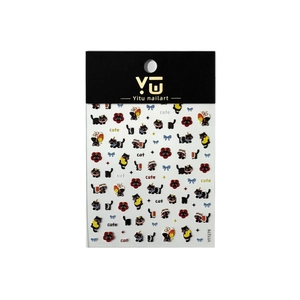 Autocollants 3D pour ongles avec chats noirs mignons et fleurs, modèle YT7279