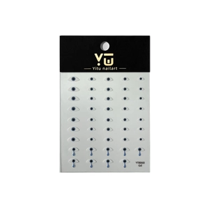 Minimalist blue evil eye nail art stickers with teardrop accents and card packaging